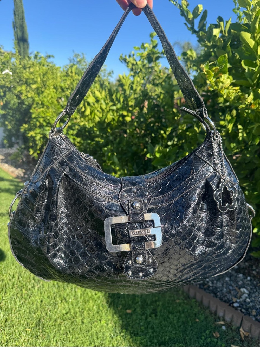 Vintage GUESS Black Crocodile-Embossed Faux Leather Shoulder Bag Purse Y2K 90s